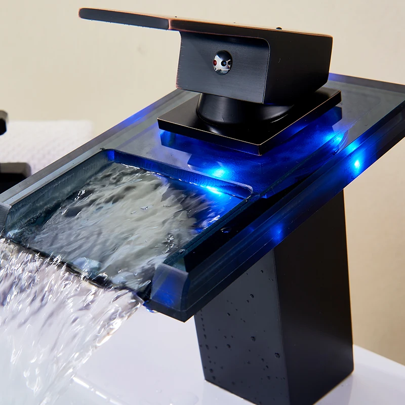 LED Light Basin Tap Waterfall Deck Mounted Single Handle Mixer Tap