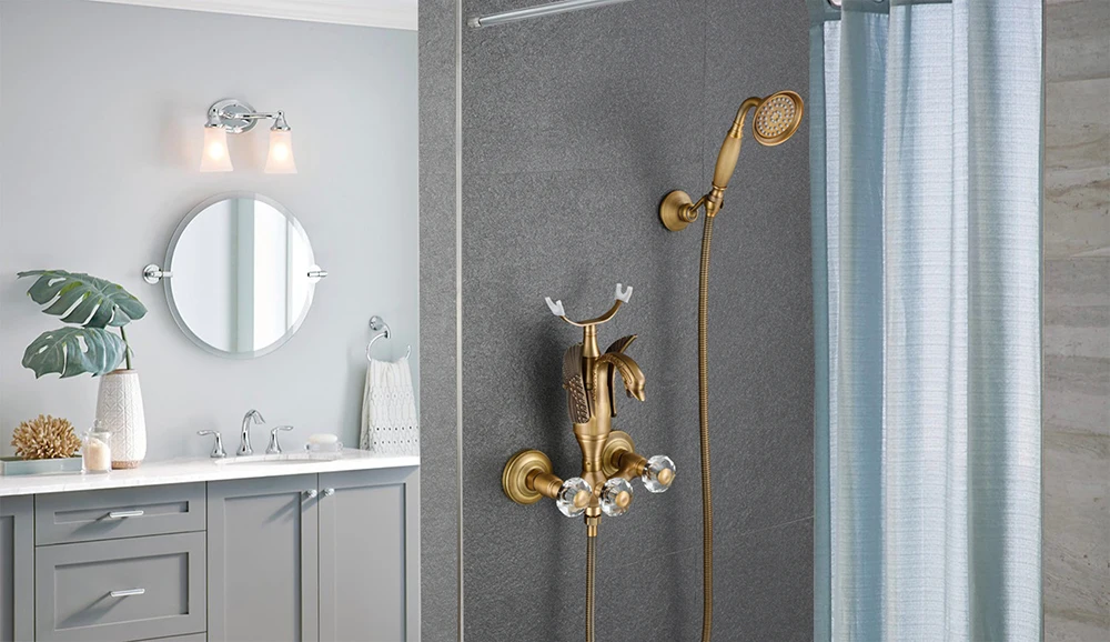 bathlova Golden Brass Bath Shower Tap Set Wall Mounted Swan Bathroom Tap