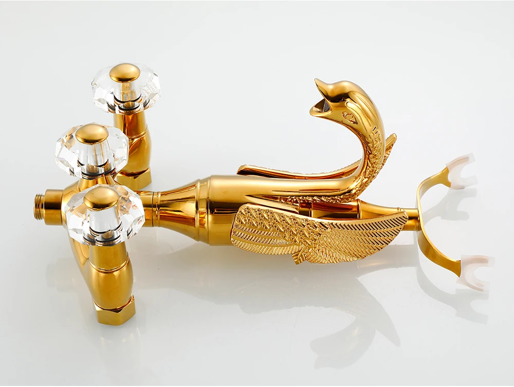 bathlova Golden Brass Bath Shower Tap Set Wall Mounted Swan Bathroom Tap