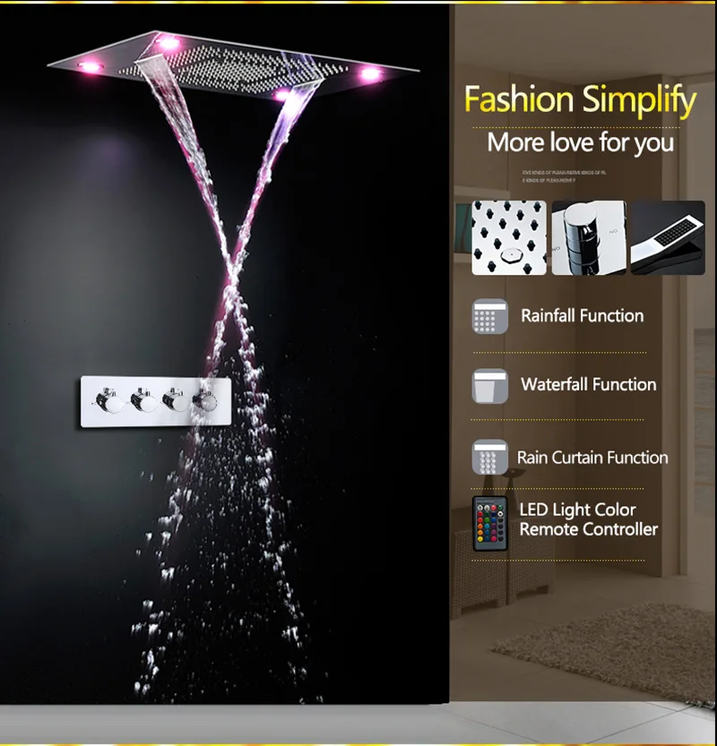 Luxurious LED Shower System Ceiling Mount Rain Head Set 31 Luxury Big Rain Shower Head Dual Rain and Waterfall Shower Sets (14)