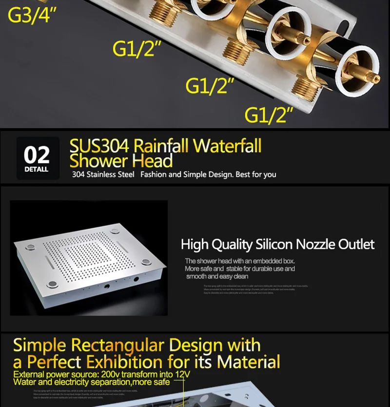 Luxurious LED Shower System Ceiling Mount Rain Head Set 31 Luxury Big Rain Shower Head Dual Rain and Waterfall Shower Sets (21)