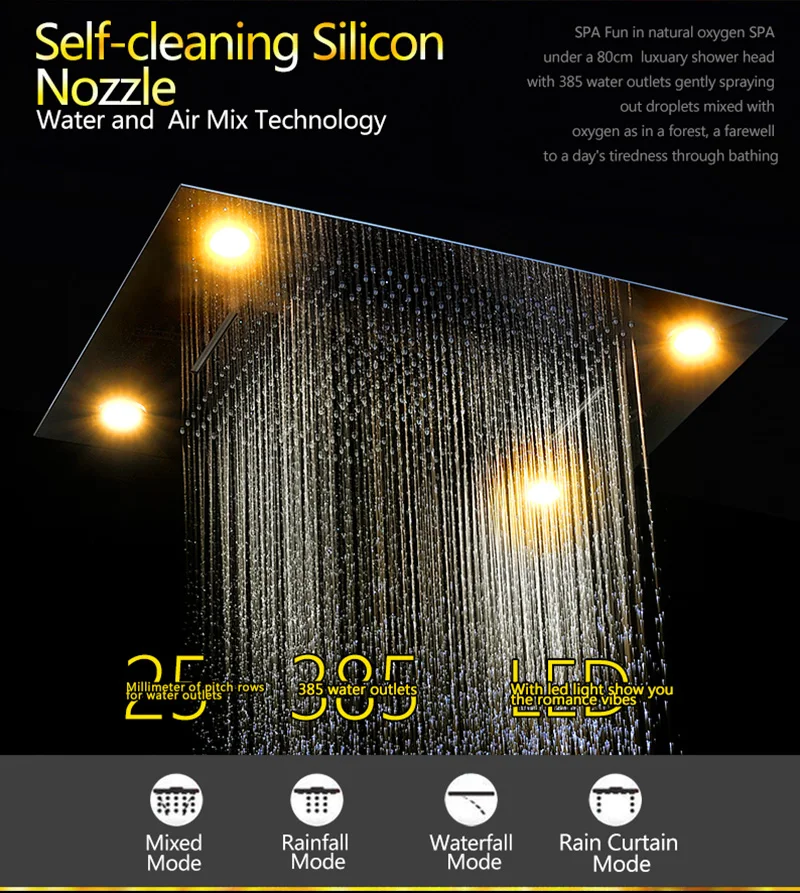 Luxurious LED Shower System Ceiling Mount Rain Head Set 31 Luxury Big Rain Shower Head Dual Rain and Waterfall Shower Sets (5)