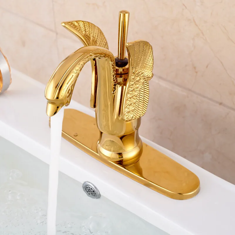 Golden Brass Swan Shape Deck Mount Vessel Basin Sink Tap