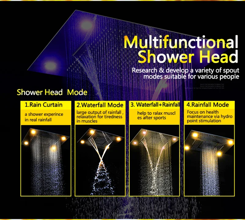 Luxurious LED Shower System Ceiling Mount Rain Head Set 31 Luxury Big Rain Shower Head Dual Rain and Waterfall Shower Sets (7)