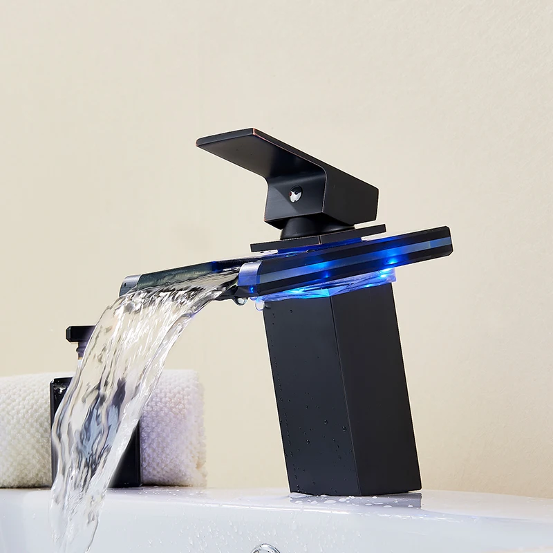 LED Light Basin Tap Waterfall Deck Mounted Single Handle Mixer Tap