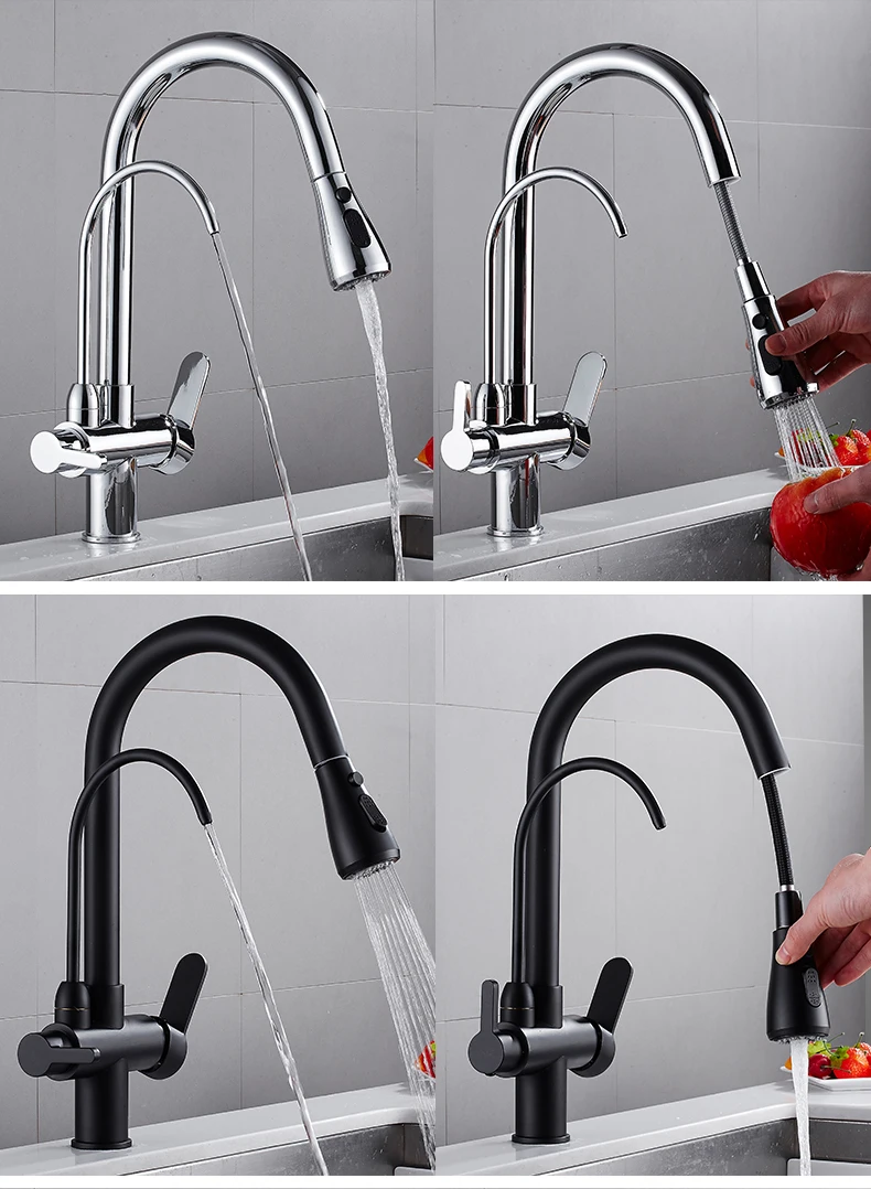 Brass Multifunction Three Ways Kitchen Pull Out Tap Sink Mixer Tap For Kitchen