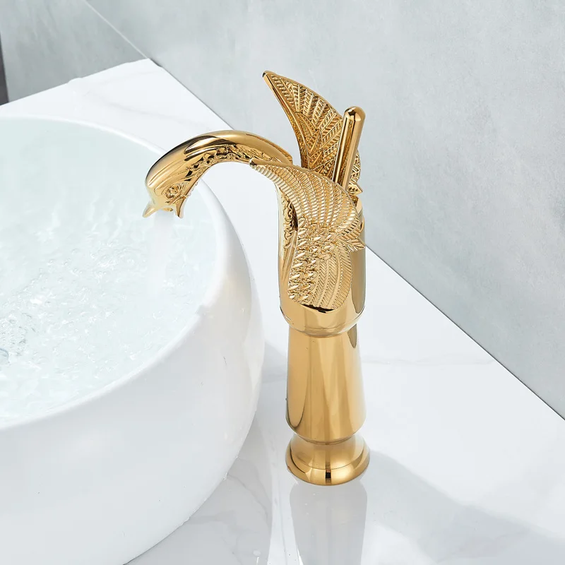 Golden Brass Swan Shape Deck Mount Vessel Basin Sink Tap