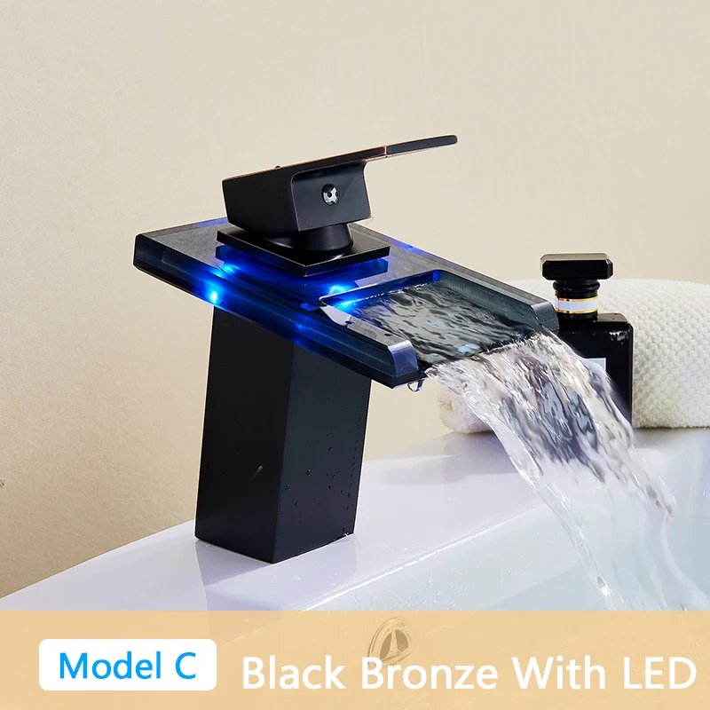 LED Light Basin Tap Waterfall Deck Mounted Single Handle Mixer Tap