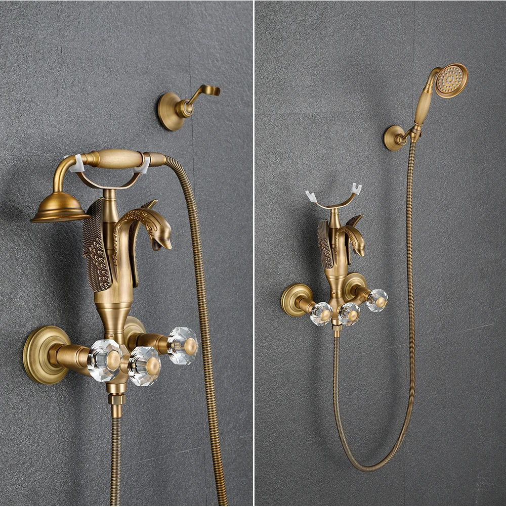 bathlova Golden Brass Bath Shower Tap Set Wall Mounted Swan Bathroom Tap