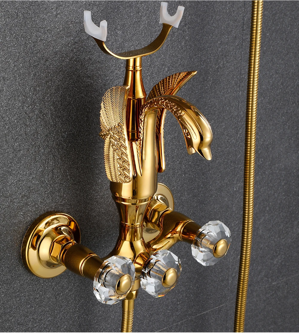 bathlova Golden Brass Bath Shower Tap Set Wall Mounted Swan Bathroom Tap