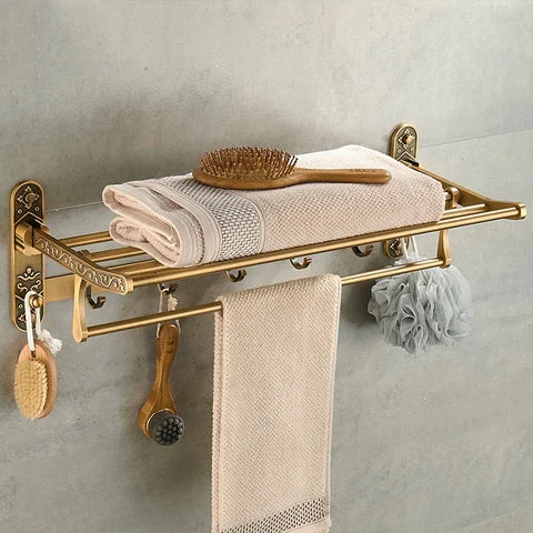 Foldable Antique Brass Towel Holder Double Towel Shelf With Hooks