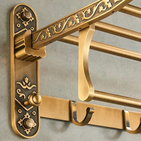 Foldable Antique Brass Towel Holder Double Towel Shelf With Hooks