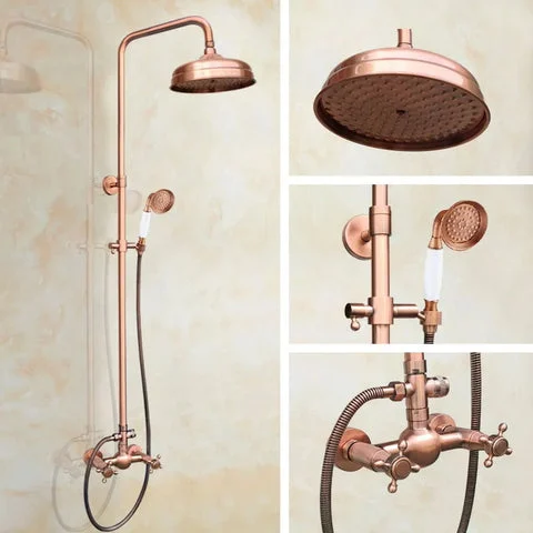 Antique Red Copper Brass Wall Mounted Bathroom Rainfall Shower Tap Set