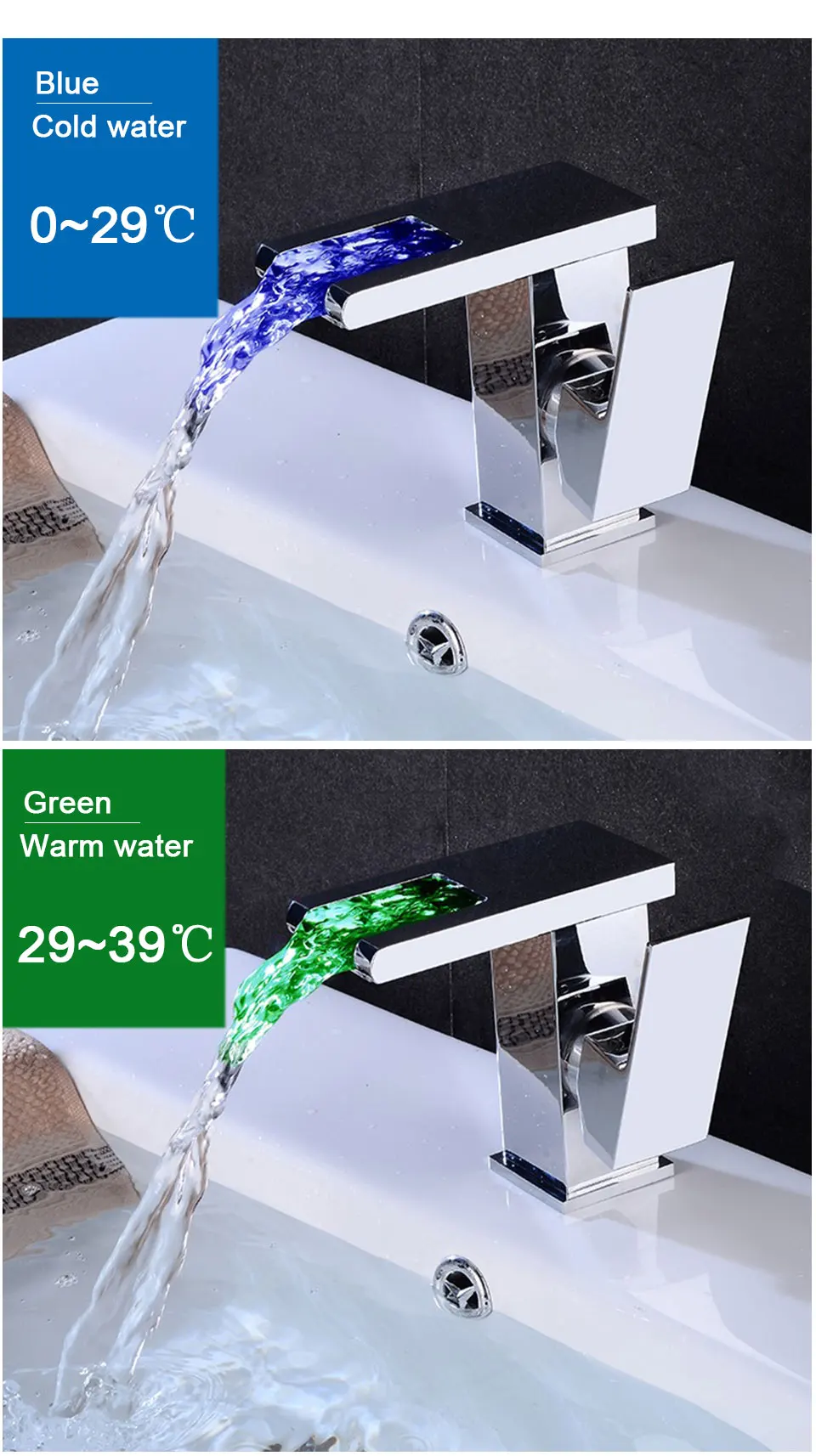 RGB Color Change Powered by Water Flow LED Waterfall Basin Tap