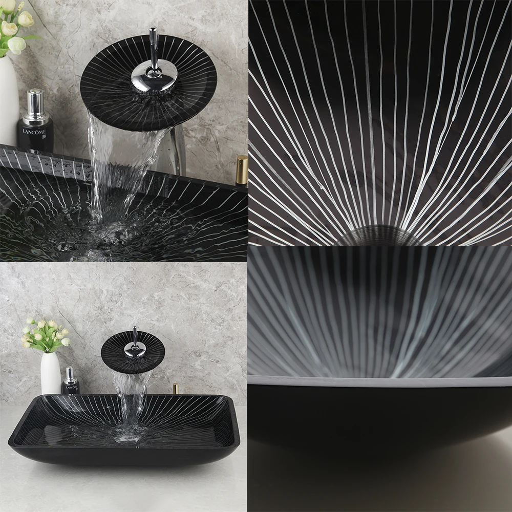 Square Black Bathroom Sink Washbasin Bath Set Tap Mixer Tap