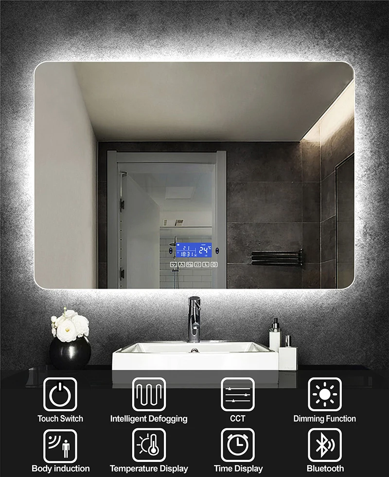 Rectangle Bluetooth Smart Bathroom Makeup Mirror With LED Light