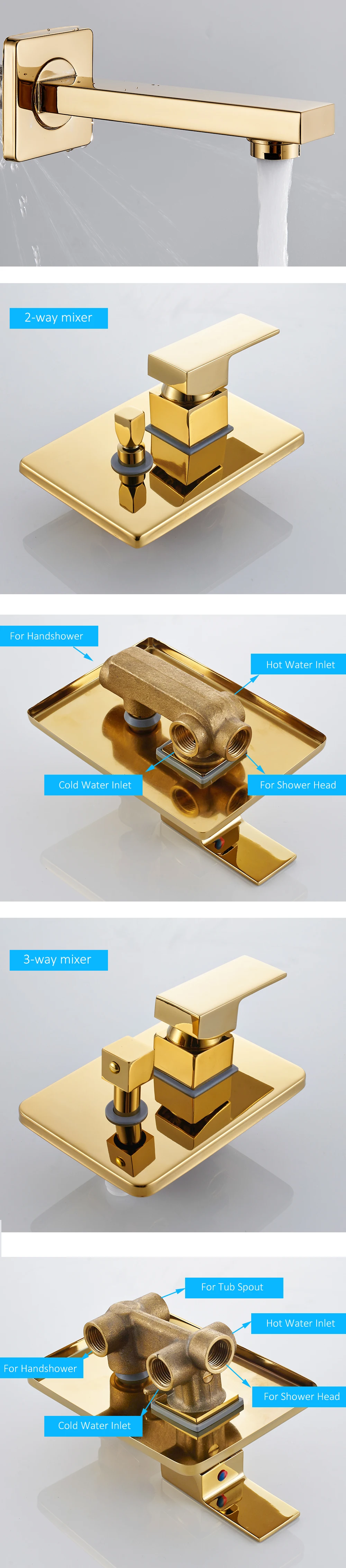 8" Golden Brass Square Shaped Bathroom Wall Mount Shower System