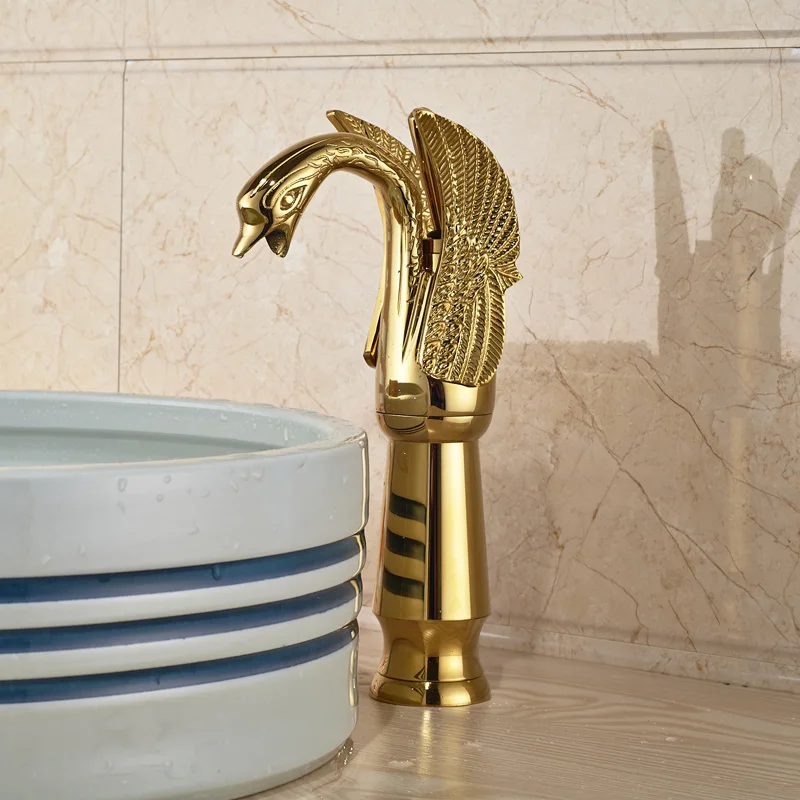 Golden Swan Shape Basin Tap Dual Handle Deck Mount Bathroom Tap Solid Copper Golden Finish