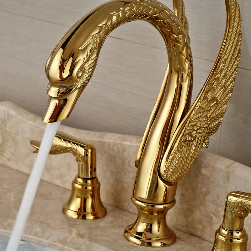 Golden Swan Shape Basin Tap Dual Handle Deck Mount Bathroom Tap Solid Copper Golden Finish