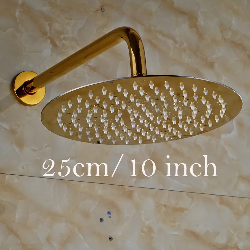 Ultrathin Stainless Steel Golden Colored Rainfall Type Shower Head with Wall Mount Shower Arm