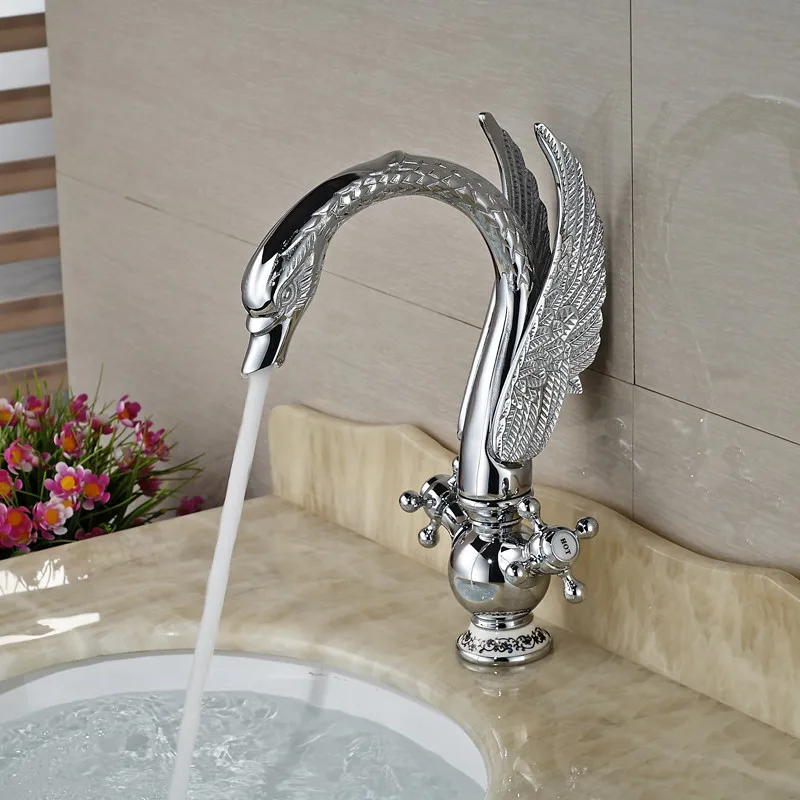 Classy Swan Shape Dual Cross Handles Bathroom Basin Vessel Sink Tap