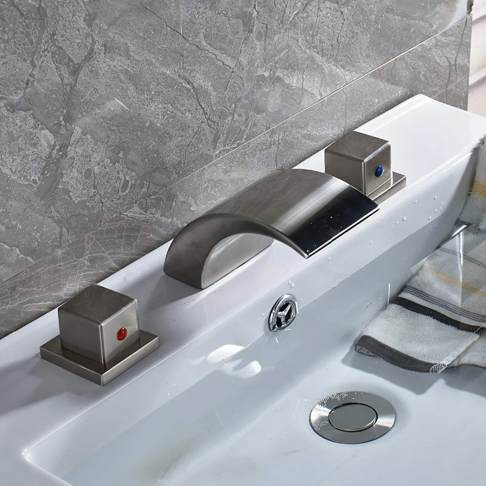 Bathroom Widespread Waterfall Spout Basin Tap with LED Light