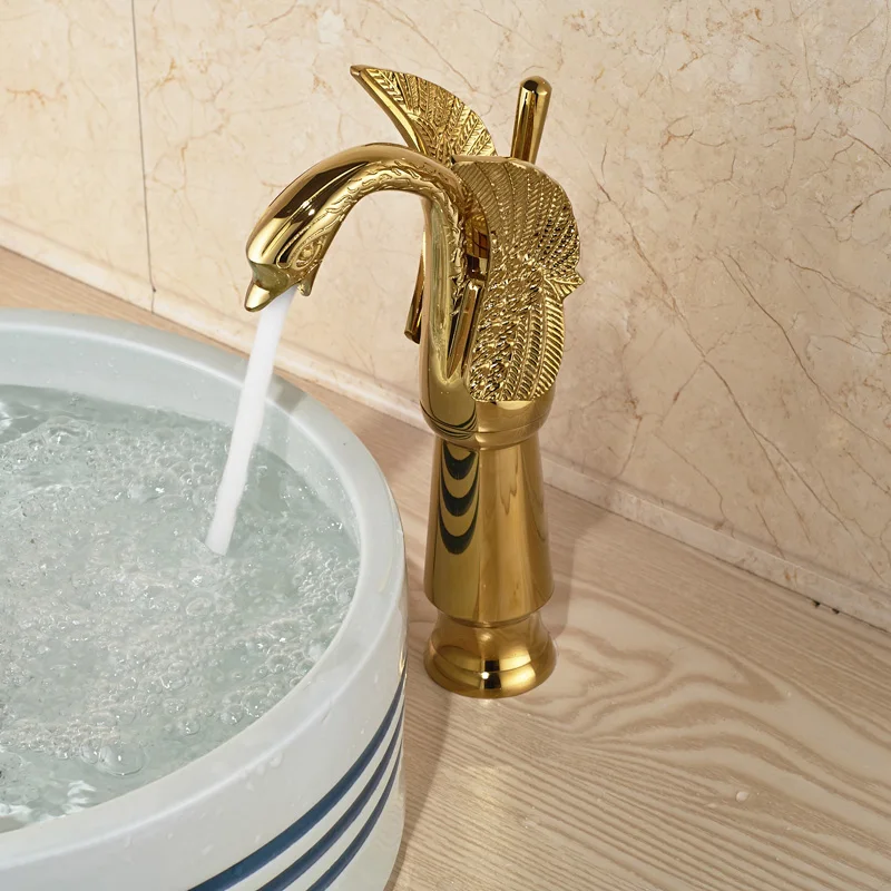 Golden Swan Shape Basin Tap Dual Handle Deck Mount Bathroom Tap Solid Copper Golden Finish