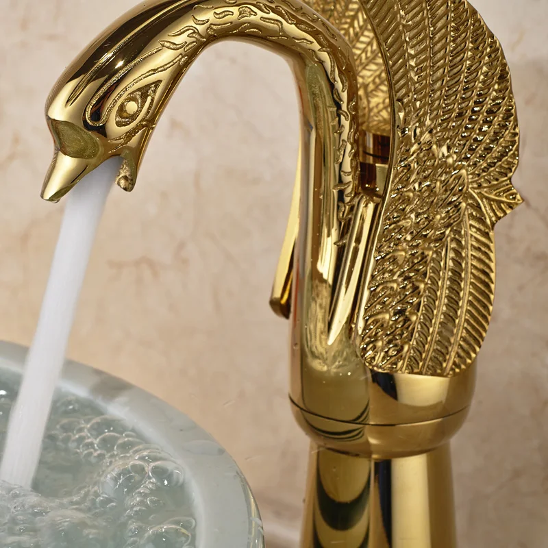 Golden Swan Shape Basin Tap Dual Handle Deck Mount Bathroom Tap Solid Copper Golden Finish