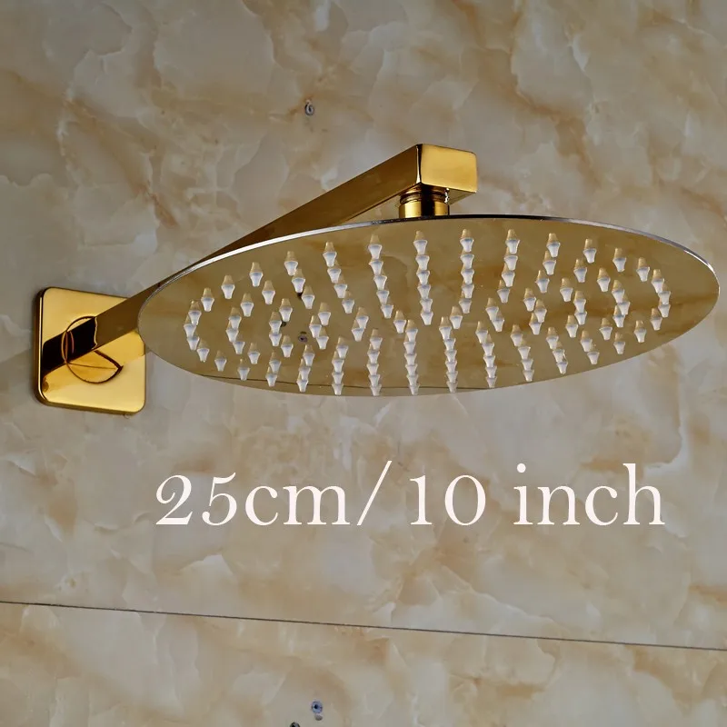 Ultrathin Stainless Steel Golden Colored Rainfall Type Shower Head with Wall Mount Shower Arm