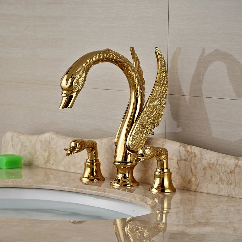 Golden Swan Shape Basin Tap Dual Handle Deck Mount Bathroom Tap Solid Copper Golden Finish