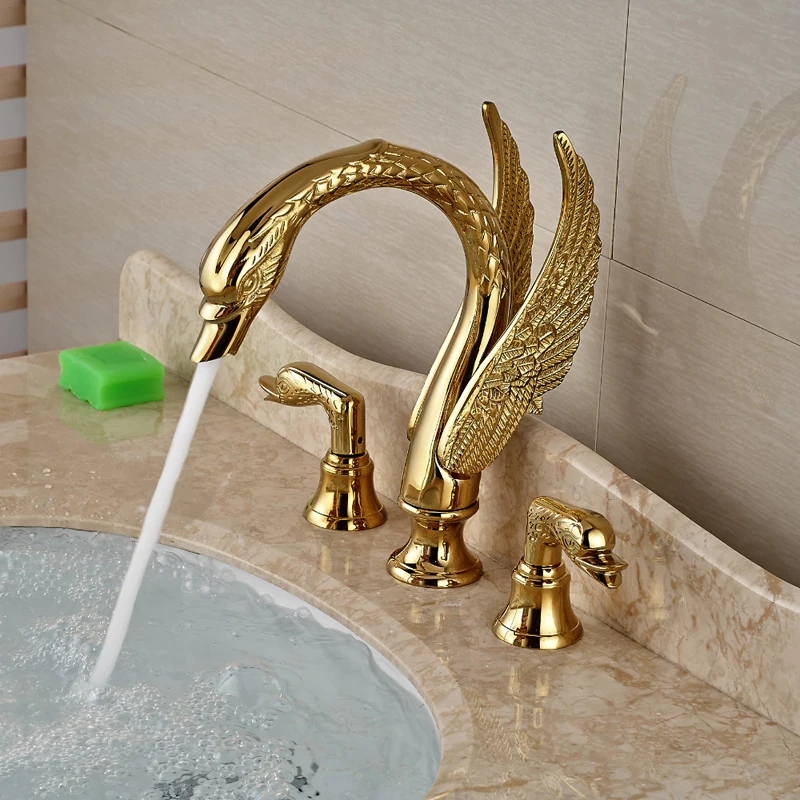 Golden Swan Shape Basin Tap Dual Handle Deck Mount Bathroom Tap Solid Copper Golden Finish