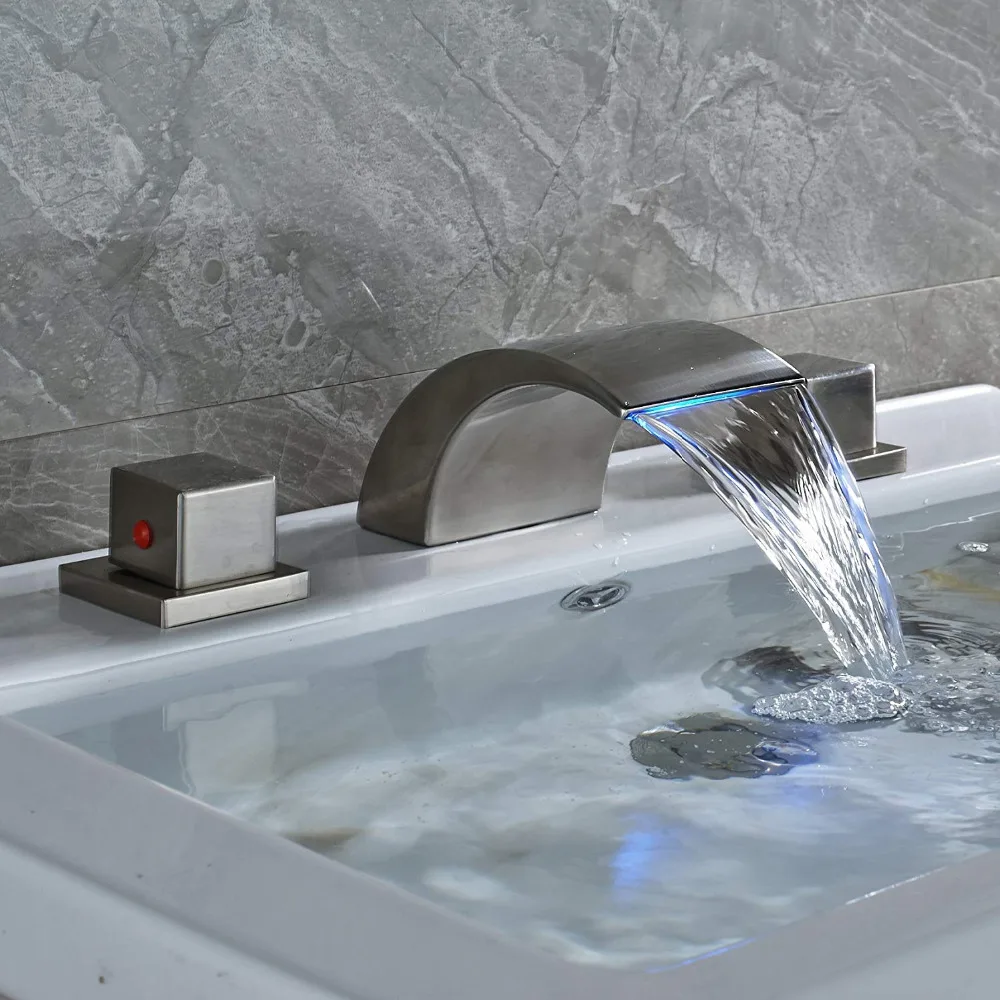 Bathroom Widespread Waterfall Spout Basin Tap with LED Light