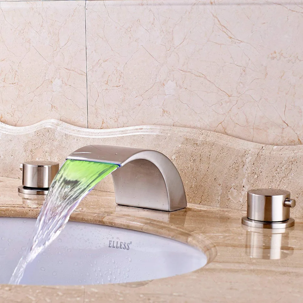 Bathroom Widespread Waterfall Spout Basin Tap with LED Light