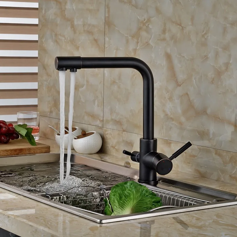 Oil-Rubbed-Bronze-Kitchen-Tap-Hot-Cold-Mixer-Tap-W-Pure-Water-Spout-Dual-Handles