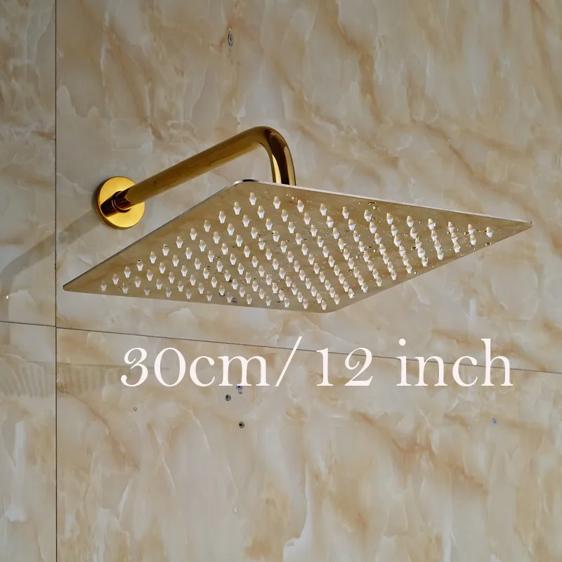 Ultrathin Stainless Steel Golden Colored Rainfall Type Shower Head with Wall Mount Shower Arm