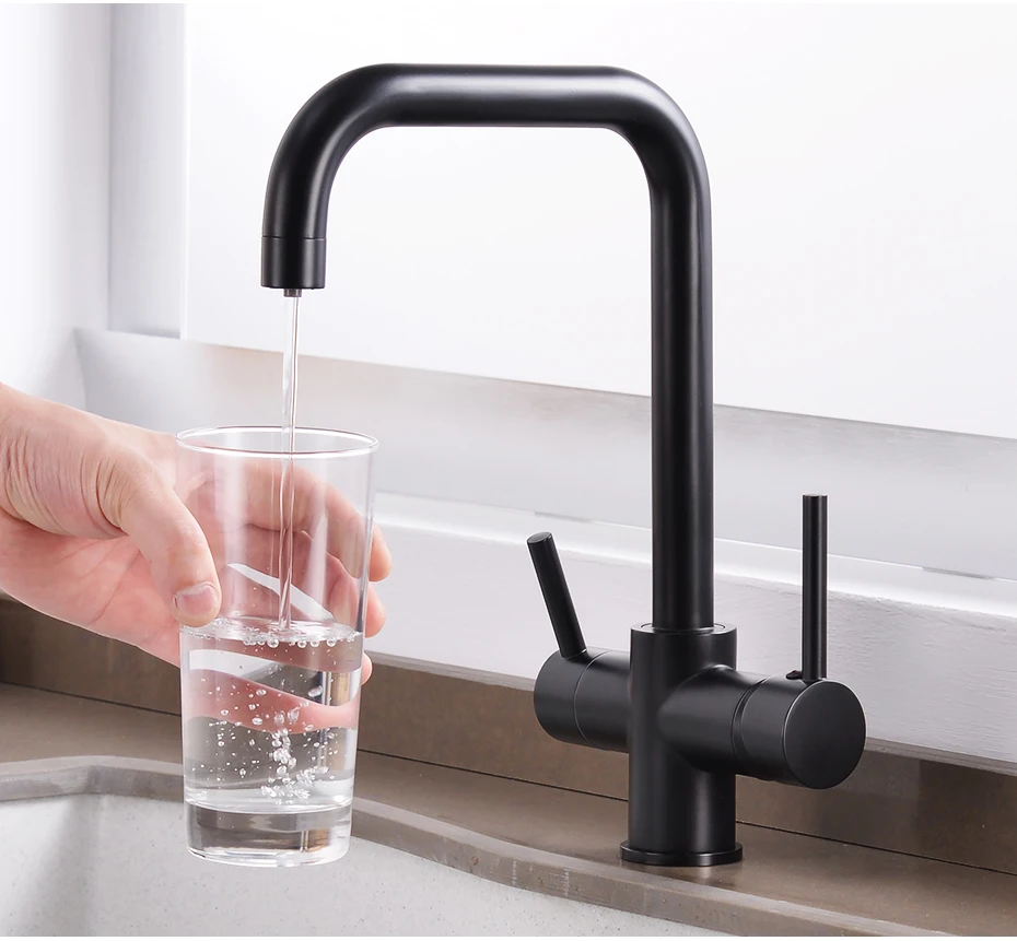 3-way Brass Filter Kitchen Tap Drinking Water Filter Dual Handle Tap In 3 Colors