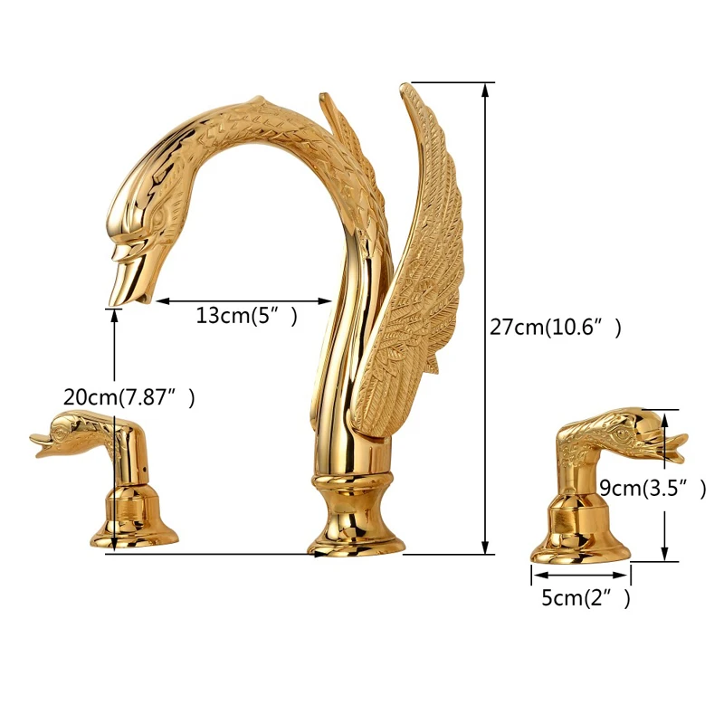 Golden Swan Shape Basin Tap Dual Handle Deck Mount Bathroom Tap Solid Copper Golden Finish