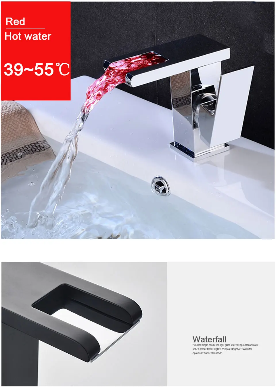 RGB Color Change Powered by Water Flow LED Waterfall Basin Tap