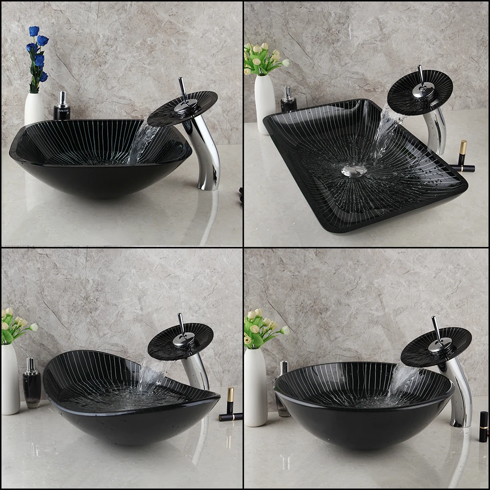 Square Black Bathroom Sink Washbasin Bath Set Tap Mixer Tap