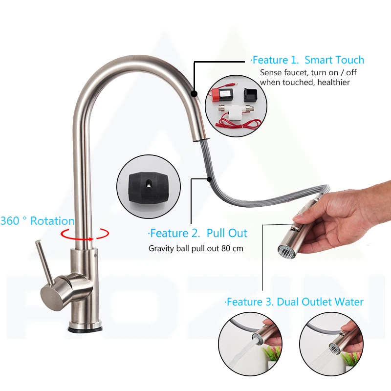 Smart Touch Kitchen Tap Brushed Gold Poll Out Sensor Taps