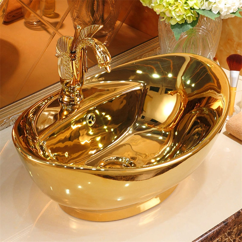 Hot Sale Golden Luxury Royal Style Lavabo Bowl Washbasin Countertop: Bathroom Vessel Sink with Ceramic Art Basin and Gold Plated Hand Wash Basin