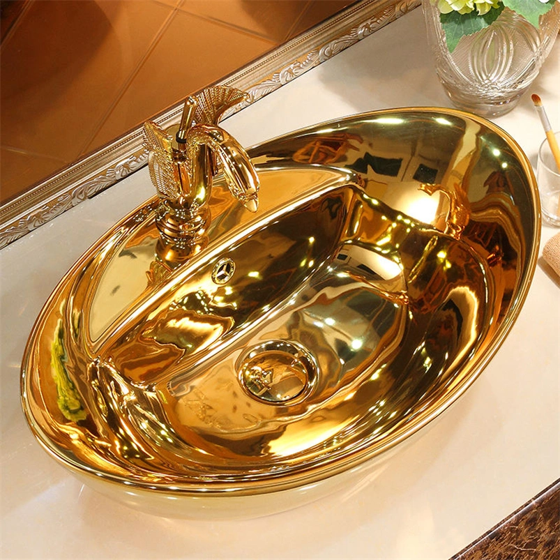 Hot Sale Golden Luxury Royal Style Lavabo Bowl Washbasin Countertop: Bathroom Vessel Sink with Ceramic Art Basin and Gold Plated Hand Wash Basin