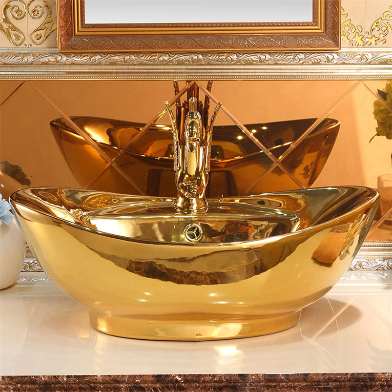 Hot Sale Golden Luxury Royal Style Lavabo Bowl Washbasin Countertop: Bathroom Vessel Sink with Ceramic Art Basin and Gold Plated Hand Wash Basin