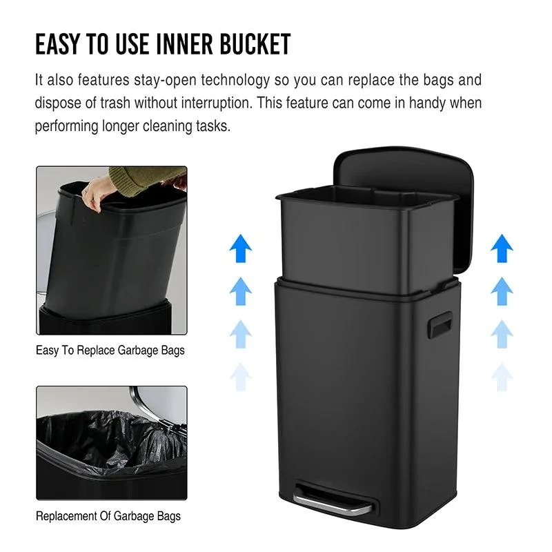 Black 13 Gallon Trash Can with Foot Operated Pedal & Soft Close Lid - 50L Stainless Steel Trash Can -Bathlova