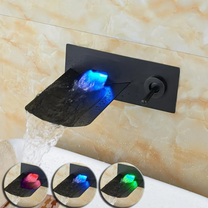 Black Brass Wall Mount Waterfall Type Single Handle Tap with Color Changing LED Light -Bathlova