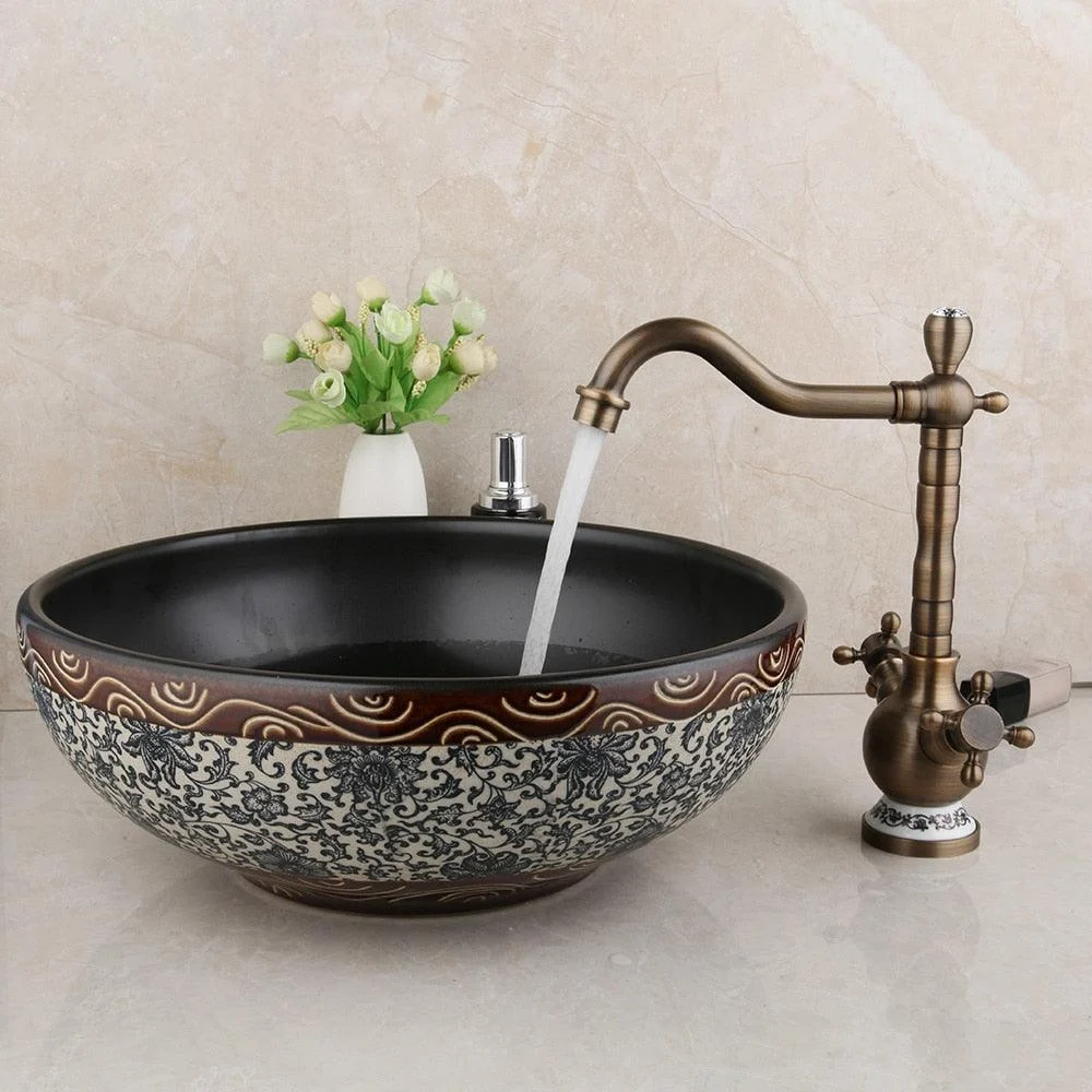 Black Ceramic Wash Basin Tap Set Bathroom Ceramic Round Sink -Bathlova