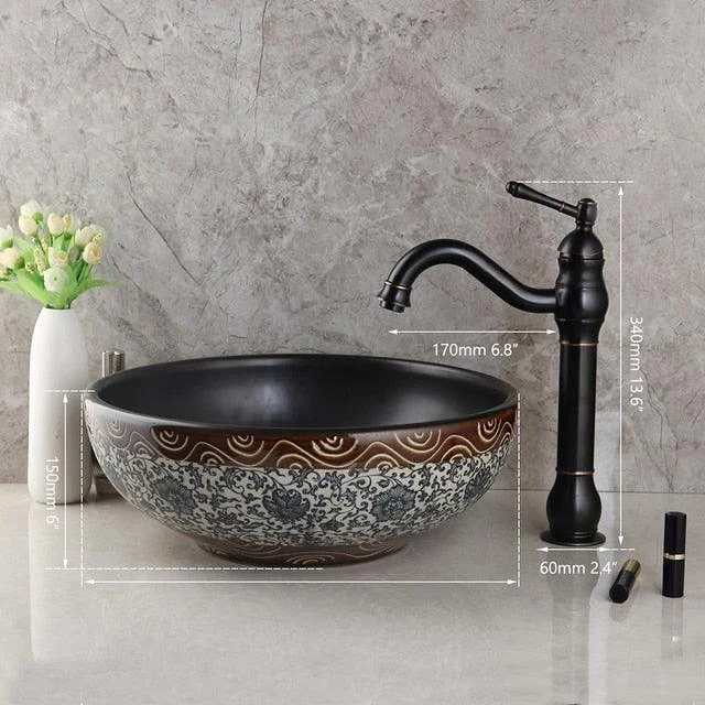 Black Ceramic Wash Basin Tap Set Bathroom Ceramic Round Sink -Bathlova