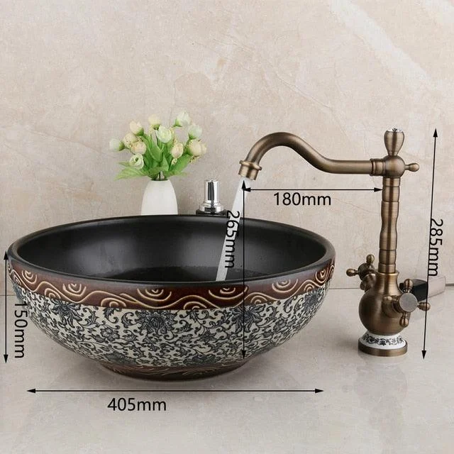 Black Ceramic Wash Basin Tap Set Bathroom Ceramic Round Sink -Bathlova