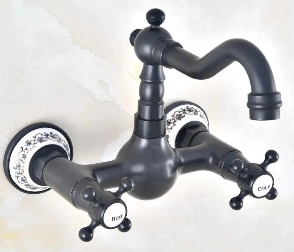 Black Oil Rubbed Brass Ceramic Base Wall Mounted Dual Cross Handle Tap -Bathlova