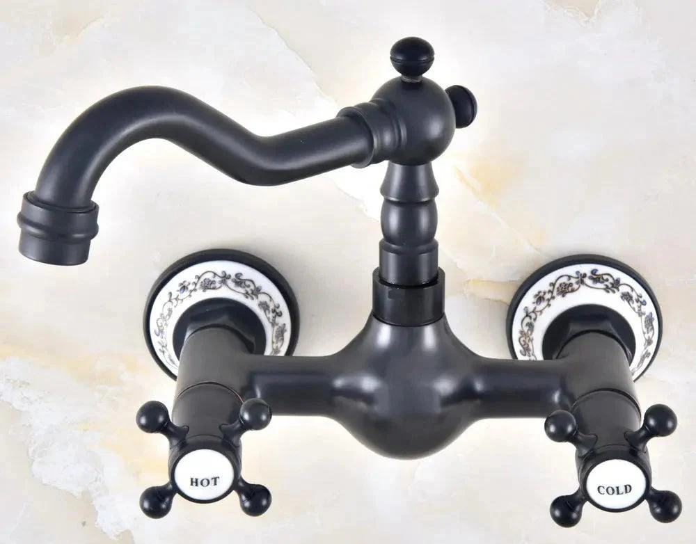 Black Oil Rubbed Brass Ceramic Base Wall Mounted Dual Cross Handle Tap -Bathlova